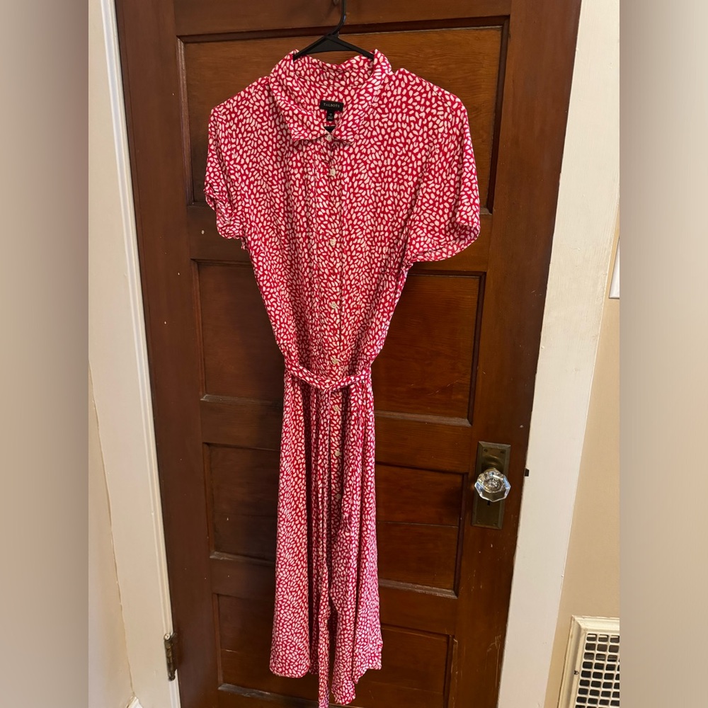 Button down red dress with tie at waist